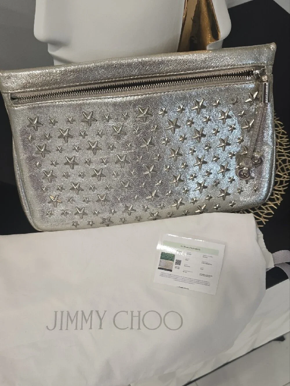 Jimmy Choo Metallic Silver And Gold Star-Studded Wristlet Clutch